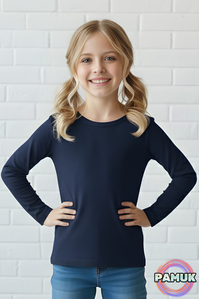 United Fabrics Long Sleeve Children's T-Shirt - Unisex Navy Blue Basic Cotton...