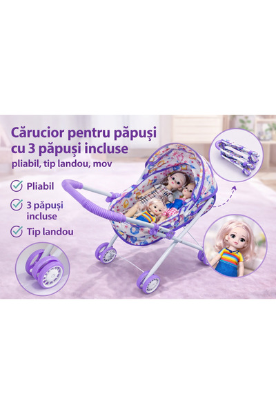OEM Foldable doll stroller with 3 dolls, pram type, purple