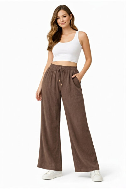 Marjinal Women's Cotton Muslin Fabric Elastic Waist Trousers