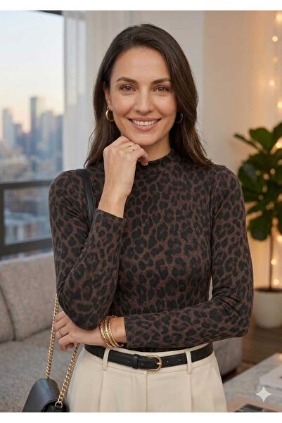 DİMA KAHVERENGİ LEOPAR DESENLİ BALIKÇI YAKA BLUZ