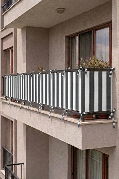 SHY TEKSTİL Anthracite-White Lace-Up Balcony Curtain with Iron Closure, Durab...