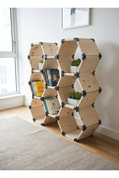 novaliz home Doğal Ahşap Altıgen Modüler Petek Duvar Rafı ve Kitaplık