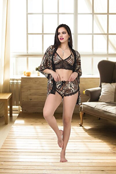 IZABEL Lingerie Black S/M-L/Xl Size Leopard Print Strap Shorts and Robe 3-Pie...