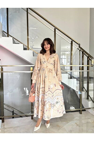 Sude Kızanlıklı Cream Color Patterned Vintage Midi Dress
