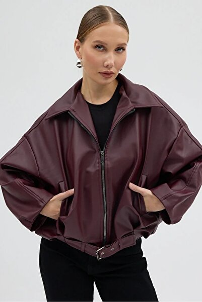 Mivelya Women's Oversize Faux Leather Bomber Jacket