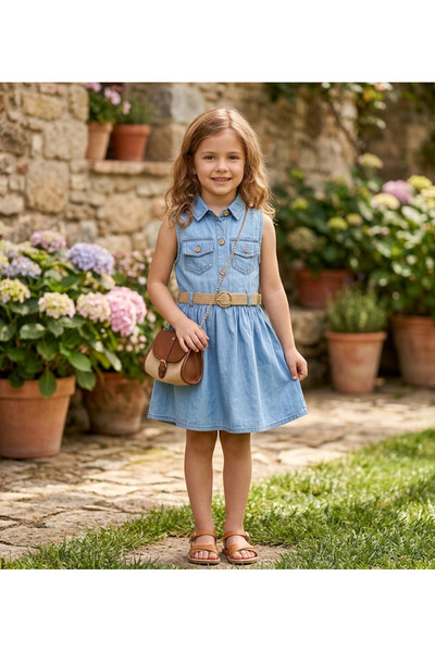 Aymini kids Момичешка дънкова рокля без ръкави, в модерен стил, ледено синьо