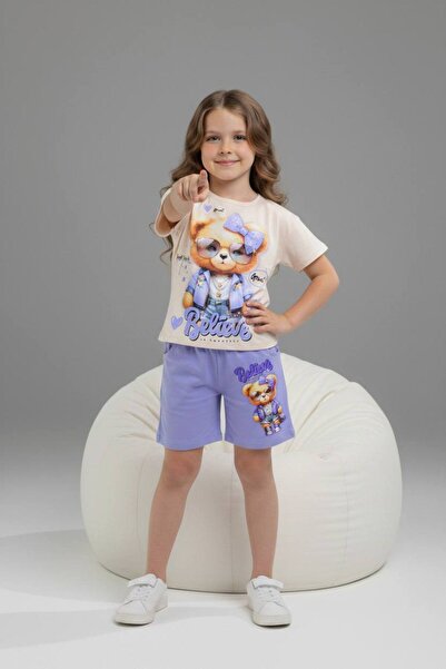 Yağmur Giyim PJKSKT Κοριτσίστικο κοντομάνικο σετ με σορτς με σχέδιο αρκουδάκι...