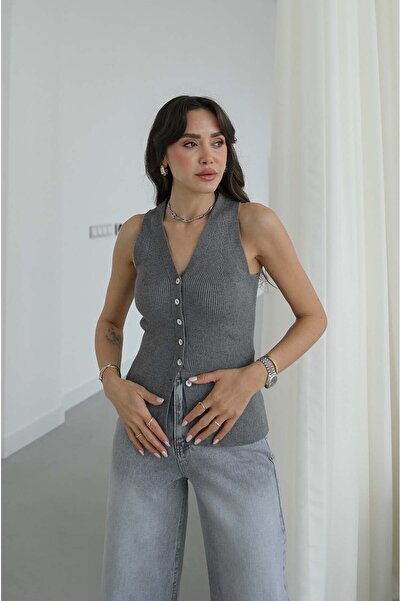 Havoş Gray Buttoned Front Knitwear Vest