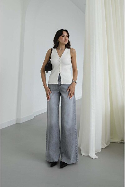 Havoş Gray Cut-Cuff Wide Leg Jeans