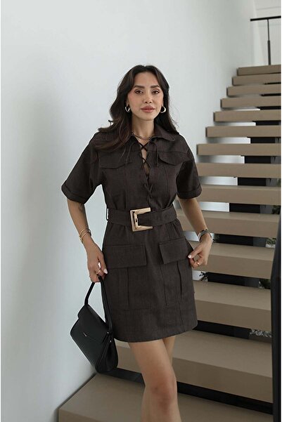 Havoş Brown Denim Dress with Tie at the Collar and Belt