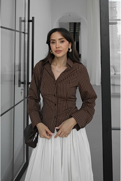 Havoş Kahverengi Çizgili Arkadan Bağlamalı Gömlek