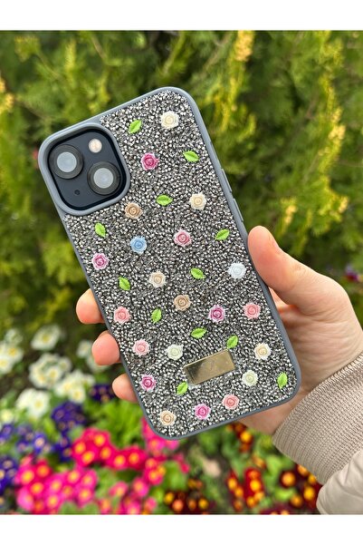 DGN İphone 13 ve İphone 14 Uyumlu Elmas Parıltılı Gül ve Yaprak Desenli Taşlı...