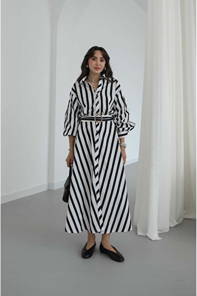 Havoş Black Diagonal Striped Belted Dress