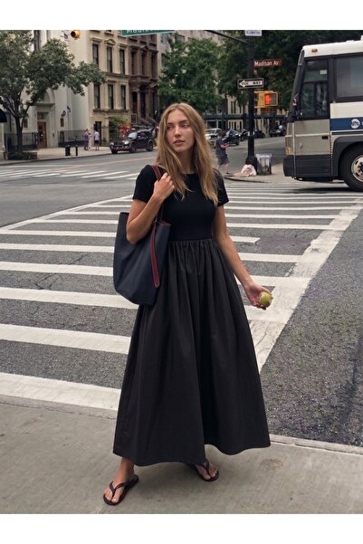 maternel Kısa Kollu Pamuklu Kontrast Elbise - Hamile & Emzirme