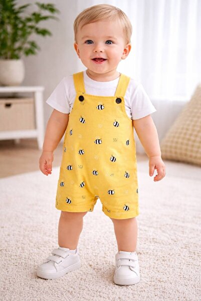 AYDEDE KİDS Sarı Arı Desenli Bebek Salopet Takım %100 Pamuk Yazlık Şortlu Tulum