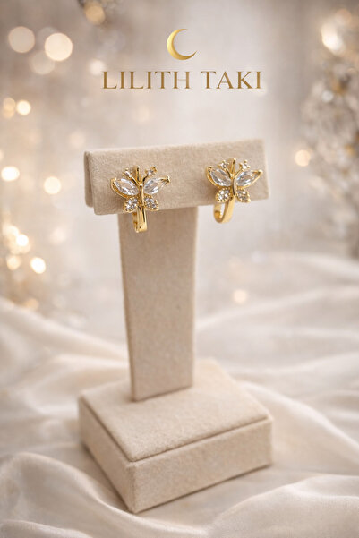 Lilith Takı Elegant Butterfly Figured Gold Color Stone Earrings |   Sparkling...