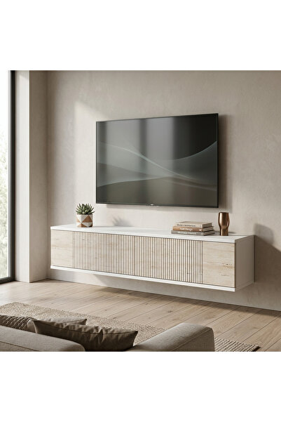 zetuna home TDA1204BT - DUVARA MONTAJ TV STAND, TV RAFI BEYAZ-TRAVERTEN 120CM
