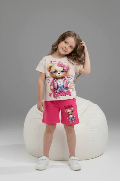 Yağmur Giyim PJKSKT Κοριτσίστικο κοντομάνικο σετ με σορτς με σχέδιο αρκουδάκι...