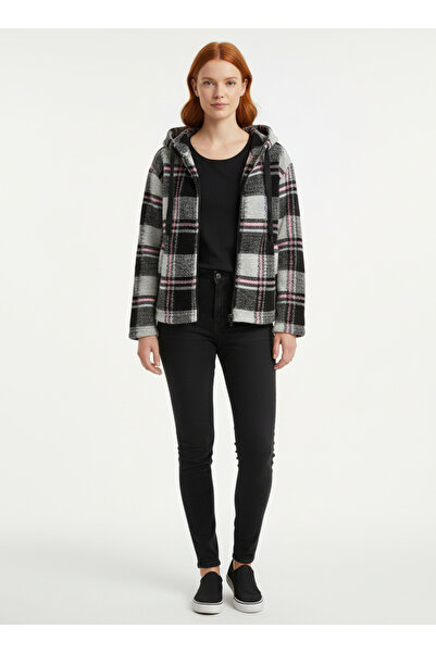 Neden Tekstil Women's Checkered Hooded Zippered Cargo Pocket Jacket