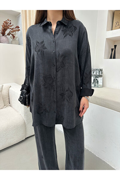 MİA NOURA Women's Lyocell Jacquard Fabric Oversize Tirl Tirl Shirt