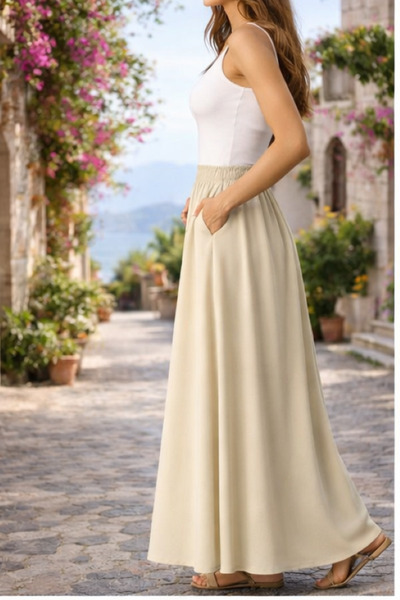 memetti m şekil Women's Beige Double Ankle-Length Skirt with Elastic Waist an...