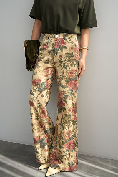 ASEDE İthal Kumaş Etnik Desenli Yüksek Bel Wide Leg Jean Kot Pantolon