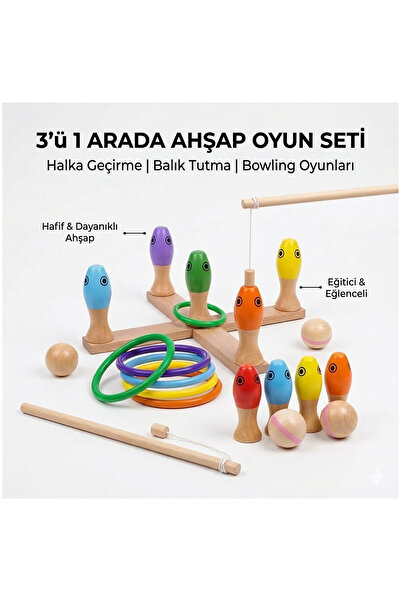 direkstoktan 3'in 1 Ahşap Halka Geçirme Oyunu + Balık Tutma + Bowling Oyunu /...