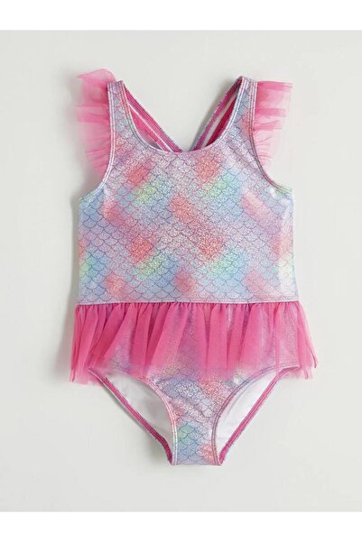 LC Waikiki Mixed Patterned Tulle Ruffle Detailed Girls' Swimsuit (S6)