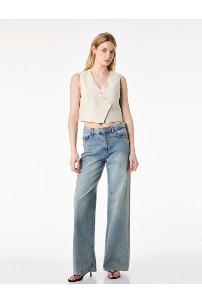 Koton Viscose Cupro Fabric Asymmetrical Double-Breasted Crop Vest