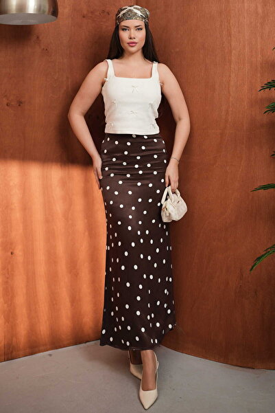 Hisleria Fusta lungă de damă cu model cu buline, din satin de viscoză, cu tal...