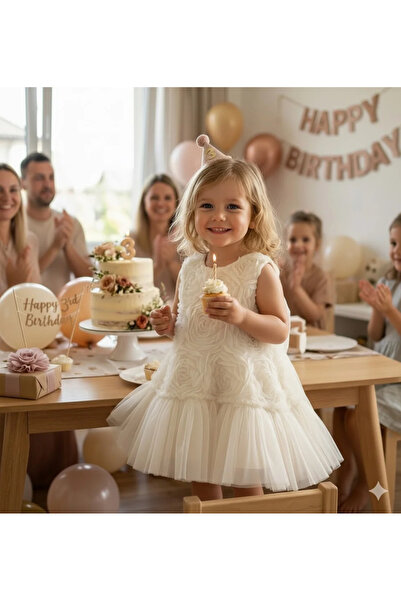 Little Ya Ya Love Girl's Cotton Ecru Rose Detailed Textured Tulle Dress