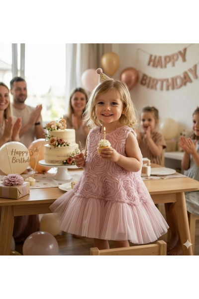 Little Ya Ya Love Girl's Cotton Ecru Rose Detailed Textured Tulle Dress