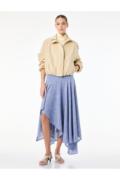 Koton Ασύμμετρη κοπή, κανονική μέση, μίντι λινή φούστα με εμφάνιση λινού υφάσ...