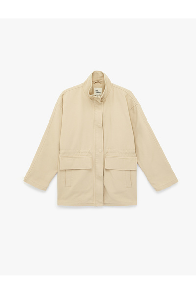 Koton Cotton Stand Collar Long Sleeve Zippered Trench Coat