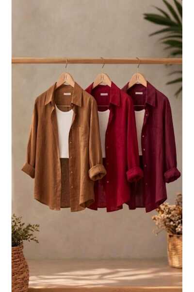 blackbonds 3 lü koyukahve kırmızı bordo Oversize Keten Dokulu %100 Pamuk Tek ...