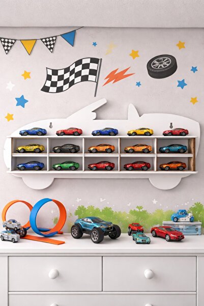 Minçu Toys 12'li Ahşap Oyuncak Araba Rafı, Çocuk Odası Oyuncak Rafı, 1:64 Ölç...