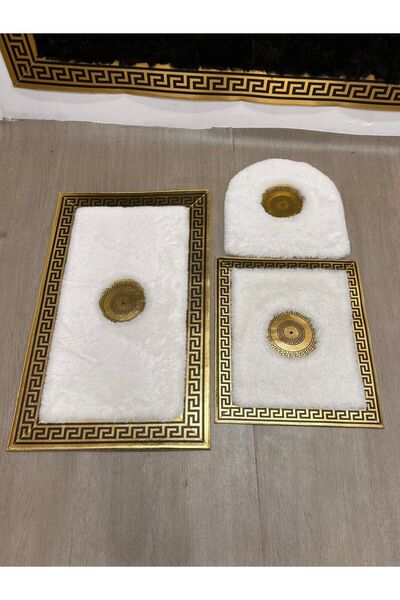 SANCAK DERİ HALI LÜKS GOLD VARAKLI EKRU PELUŞ BANYO SETİ