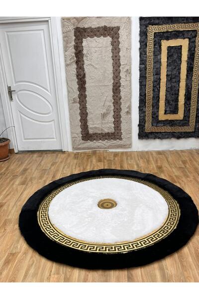SANCAK DERİ HALI LÜKS GOLD VARAKLI SİYAH & EKRU YUVARLAK PELUŞ HALI
