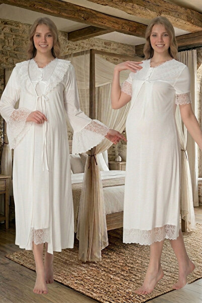 lohusahamile Σετ Νυχτικό Εγκυμοσύνης από Βαμβάκι με Γκιπούρ και Σαμπαλόνι