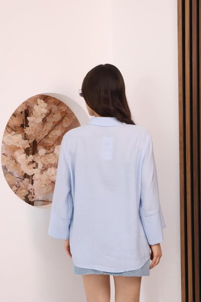 FAMODA Kadın Slim Fit Dar Kesim Vücuda Oturan Uzun Kollu Mavi Gömlek
