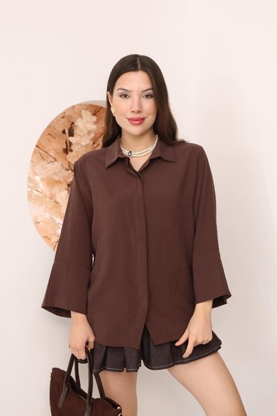 FAMODA Kadın Slim Fit Dar Kesim Vücuda Oturan Uzun Kollu Kahve Gömlek