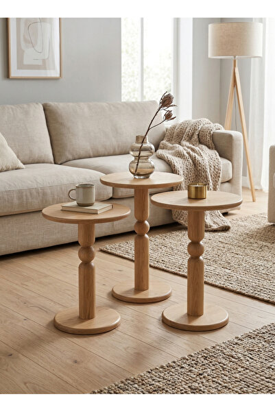 goji home decor 3'lü Ahşap Zigon Sehpa Seti Naturel Ceviz 50 55 60 cm Yuvarla...