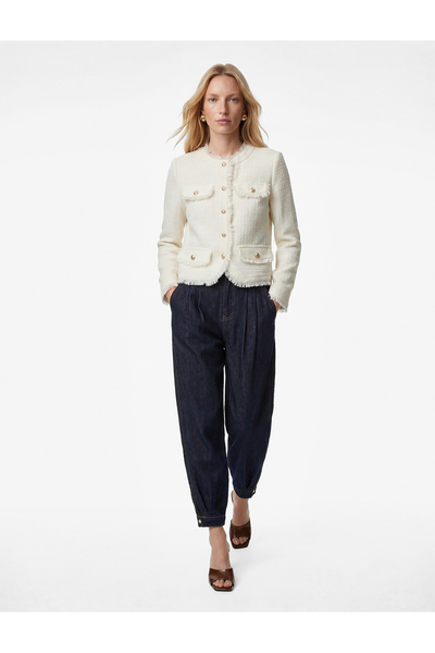 Koton Long Sleeve Crew Neck Tweed Jacket with Metal Accessories