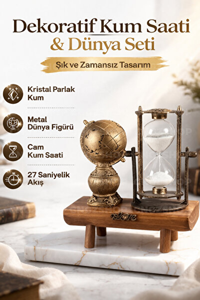 CNGZSHOP Ahşap Ayaklı Dekoratif Kum Saati & Dünya Biblo Seti S-17
