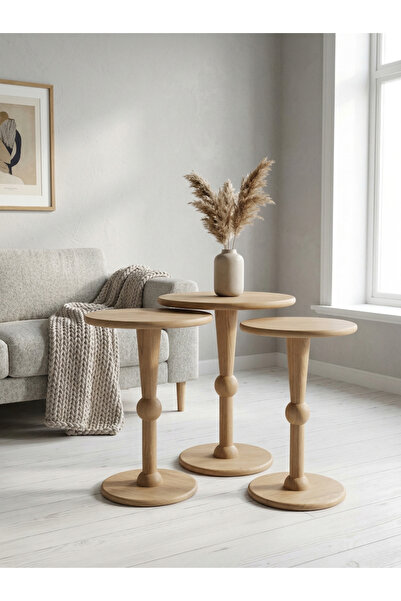 goji home decor 3'lü Ahşap Zigon Sehpa Seti Naturel Ceviz 50 55 60 cm Yuvarla...