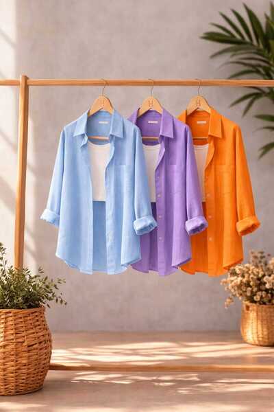 blackbonds 3 lü bebemavi lila turuncu Oversize Keten Dokulu %100 Pamuk Tek Ce...