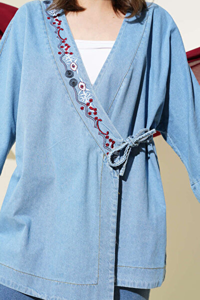 Lavanta Tekstil Kimono din denim cu broderie florală