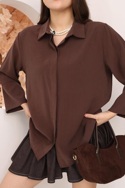 FAMODA Kadın Slim Fit Dar Kesim Vücuda Oturan Uzun Kollu Kahve Gömlek