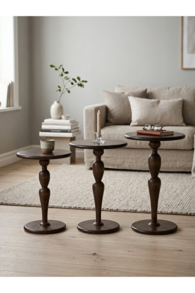 goji home decor 3'lü Ahşap Zigon Sehpa Seti Naturel Ceviz 50 55 60 cm Yuvarla...