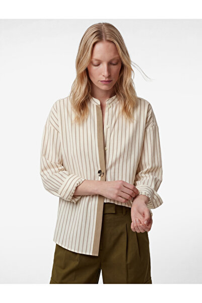 Koton Pamuklu Uzun Kollu Düğme Detaylı Oversize Çizgili Kruvaze Yaka Gömlek